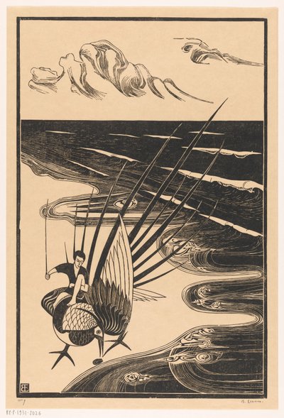 Figuur zittend op een fazant op het strand door Bernard Essers (signed by artist)