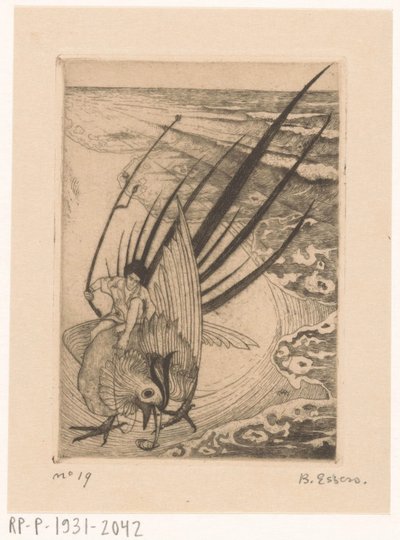 Figuur zittend op een fazant op het strand door Bernard Essers (signed by artist)