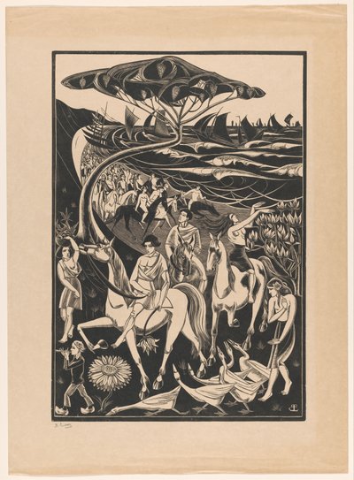 Optocht van ruiters op het strand door Bernard Essers (signed by artist)
