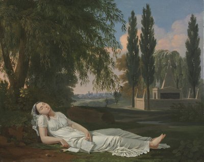 Vrouw die slaapt in een landschap met een brief, ca. 1800 door Bernard Gaillot