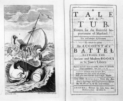 Frontispice en Titelpagina van A Tale of a Tub door Jonathan Swift, gegraveerd door John Sturt, 1704 door Bernard II Lens