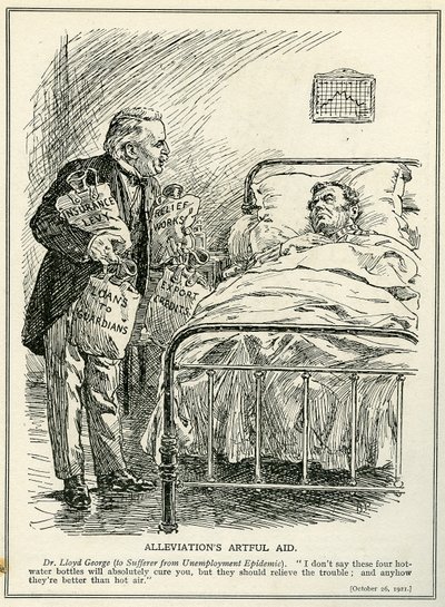 Dr. Lloyd George stelt voor de werkloosheidsepidemie te genezen met vier kruiken: 