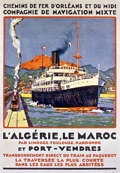 Reclameposter voor Franse spoorlijn naar Algerije en Marokko vanuit Frankrijk via Limoges Toulouse Narbonne en Port Vendres ca 1900 door Bernard Lachevre