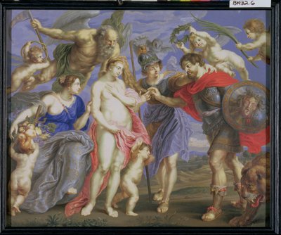 Mars geïntroduceerd door Minerva aan Occasion, vergezeld door Ceres, naar een schilderij van Peter Paul Rubens door Bernard Lens