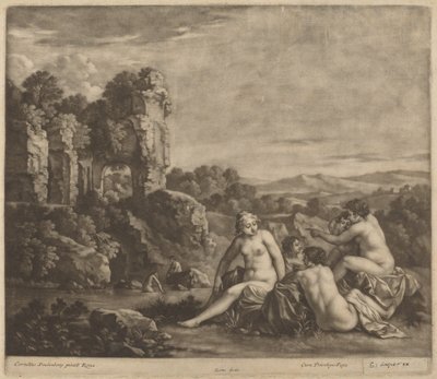 Baden in een landschap door Bernard Lens, after Cornelis van Poelenburch