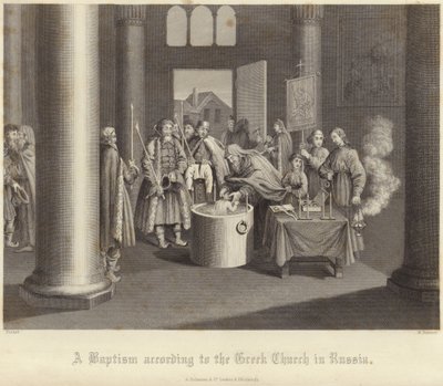 Een doop volgens de Griekse kerk in Rusland door Bernard Picart