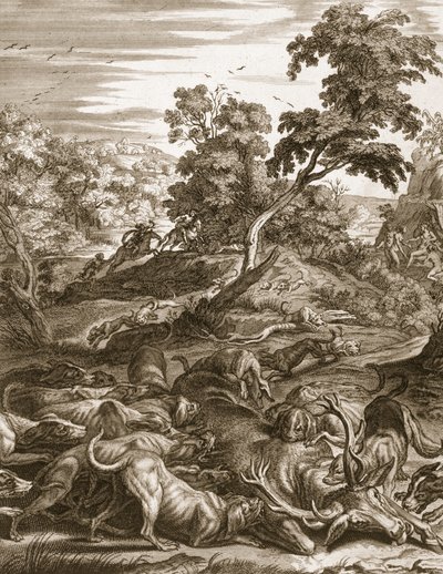 Actaeon Veranderd in een Hert en Verslonden door zijn Honden, 1731 door Bernard Picart