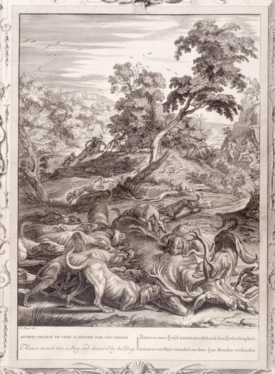 Actaeon veranderd in een hert en verslonden door zijn honden, 1731 door Bernard Picart