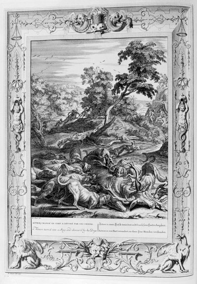 Acteon Veranderd in een Hert en Verslonden door zijn Honden, 1733 door Bernard Picart