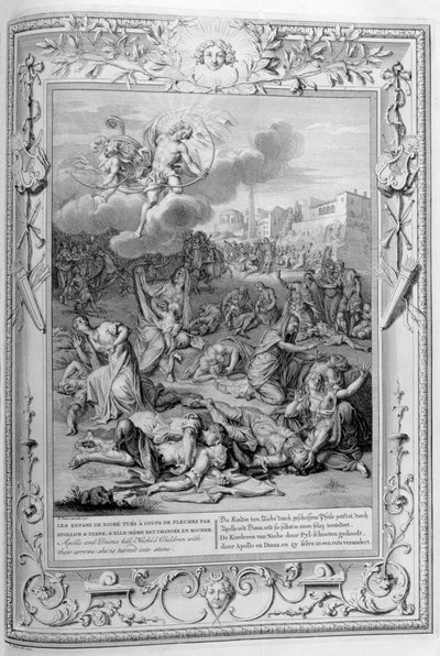 Apollo en Diana doden de kinderen van Niobe met hun pijlen door Bernard Picart