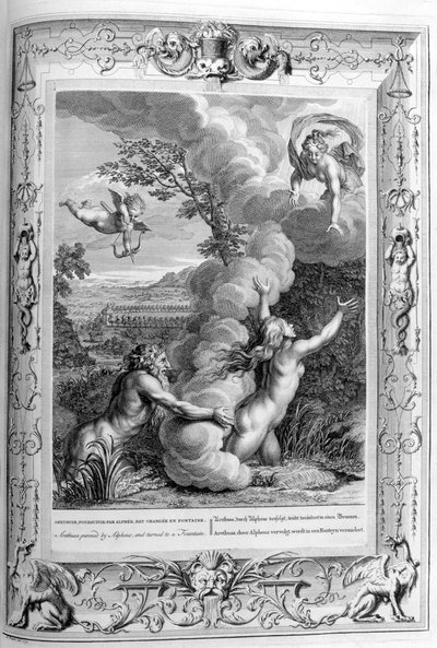 Arethusa achtervolgd door Alpheus en veranderd in een fontein, 1733 door Bernard Picart