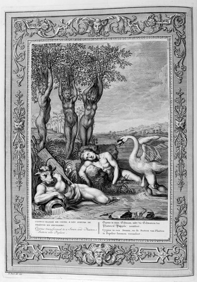 Cygnus veranderd in een zwaan en Phaetons zusters in populieren, 1733 door Bernard Picart
