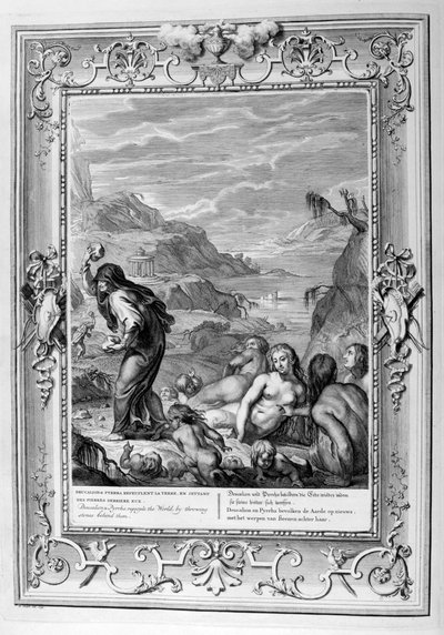 Deucalion en Pyrrha bevolken de wereld opnieuw door stenen achter zich te gooien, 1733 door Bernard Picart