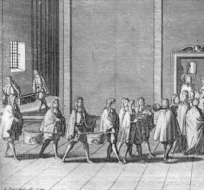 Verschillende stadia van het conclaaf, bijeenkomst van de kardinalen voor de verkiezing van een nieuwe paus: de rantsoenen worden gemaakt tijdens het conclaaf (Vaticaan: aankomst van voedsel tijdens het conclaaf) Gravure uit Illustratie van religieuze cere door Bernard Picart