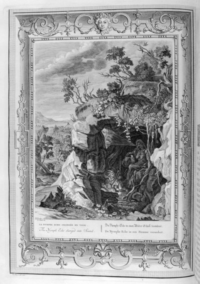 Echo verandert haar stem om te klinken als een oude vrouw (gravure) door Bernard Picart