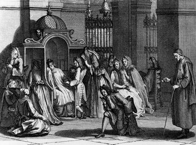 Gelovigen wachten voor de biechtstoel, gravure door Bernard Picart uit Religieuze Ceremoniën en Gebruiken van Alle Volkeren van de Wereld door Bernard Picart