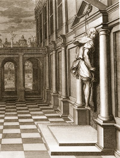 Iphis hangt zichzelf op in wanhoop omdat hij Anaxarete niet kon winnen, 1731 door Bernard Picart