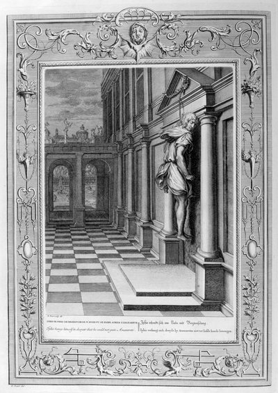 Iphis hangt zichzelf op in wanhoop omdat hij Anaxarete niet kon winnen, 1733 door Bernard Picart