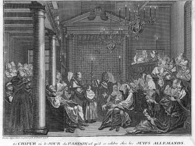 Jodendom: Het Feest van Chipur onder Duitse Joden (Jom Kippoer, Verzoendag voor het Joodse volk) Gravure uit "Illustratie van ceremonies en religieuze gebruiken van alle volkeren van de wereld" door Bernard Picart (1723-1743) 1819 Privécollectie door Bernard Picart