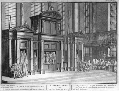 Jodendom: het feest van Simchat Torah (Joods feest van Simchat Torah) Gravure uit "Illustratie van ceremonies en religieuze gebruiken van alle volkeren van de wereld" door Bernard Picart (1723-1743) 1819 Privécollectie door Bernard Picart