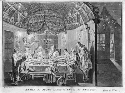 Jodendom: maaltijd voor het Joodse volk tijdens Soekot (loofhuttenfeest) Gravure uit “Illustratie van ceremonies en religieuze gebruiken van alle volkeren ter wereld” door Bernard Picart (1723-1743) 1819 Privécollectie door Bernard Picart