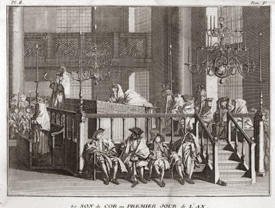 Jodendom: het geluid van de hoorn op de eerste dag van het jaar (geluid van de sjofar op Rosj Hasjana) (Joods Nieuwjaarsfeest: Blazen van de sjofar op Rosj Hasjana) Gravure uit Illustratie van religieuze ceremonies en gebruiken van alle volkeren door Bernard Picart