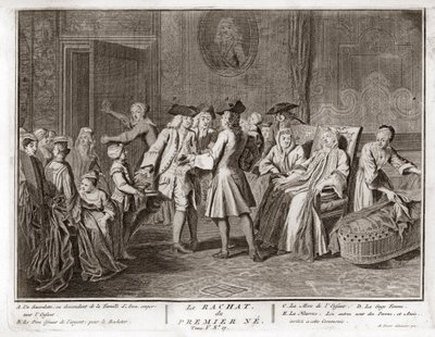 Jodendom: de traditie van de verlossing van de eerstgeboren zoon, een mitswa in het jodendom waarbij een Joodse eerstgeboren zoon wordt verlost door middel van zilveren munten uit zijn geboorteheiligheid, gravure uit "Illustratie van ceremonies en religieu door Bernard Picart
