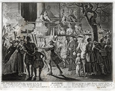 Jodendom: de manier van het naar huis leiden van de echtgenoten van de Wet - een voorstelling van de processie waarmee de gemeenschap, tijdens het feest van Simchat Thora, degenen eerde die waren gekozen, één om de lezing van het laatste gedeelte van de Th door Bernard Picart