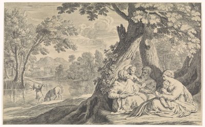 Landschap met Heilige Familie, vergezeld door Elisabet en Johannes de Doper door Bernard Picart