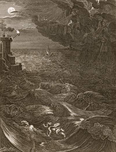 Leander zwemt over de Hellespont om zijn minnares Hero te ontmoeten, 1730 door Bernard Picart