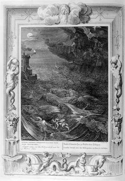 Leander zwemt over de Hellespont om zijn geliefde Hero te ontmoeten, 1733 door Bernard Picart