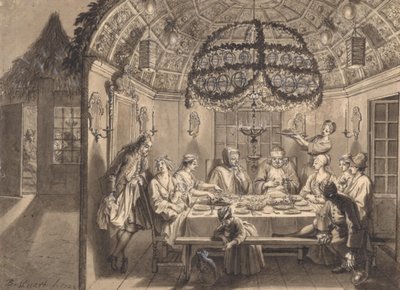 Maaltijd in de loofhut tijdens het Loofhuttenfeest door Bernard Picart