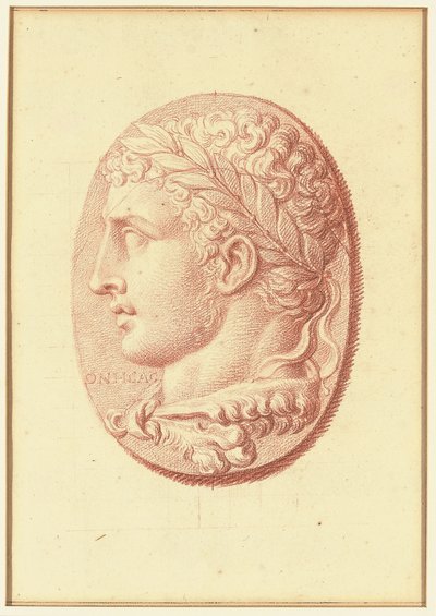 Een van vier studies naar cameeën, drie met klassieke profielportretten en een met een fragmentair reliëf van Cupido en twee leeuwen die een wagen trekken door Bernard Picart