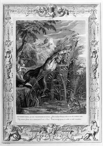 Pan achtervolgt Syrinx die in een riet wordt veranderd, 1733 door Bernard Picart