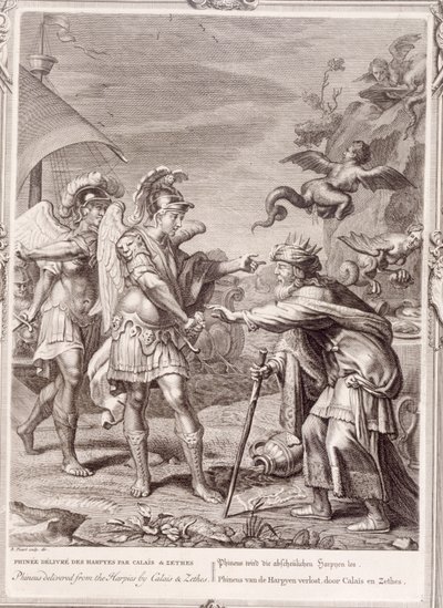 Phineus wordt bevrijd van de Harpijen door Calais en Zethes, 1731 door Bernard Picart