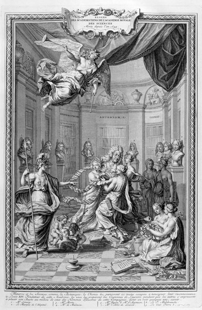 Lof van Academici van de Koninklijke Academie van Wetenschappen... 1728 door Bernard Picart
