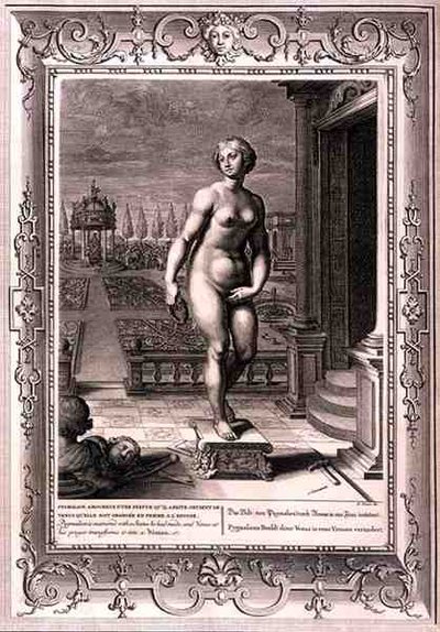 Pygmalion is verliefd op een standbeeld dat hij heeft gemaakt, en op zijn gebed verandert Venus het in een vrouw door Bernard Picart