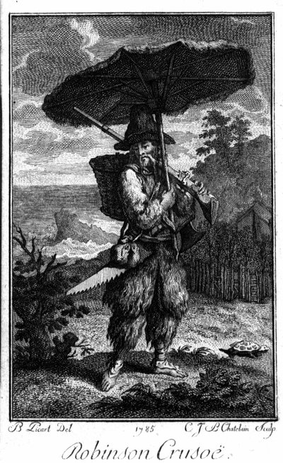 Voorstelling van Robinson Crusoe op zijn verlaten eiland. Gravure door Bernard Picart (1673-1733) ter illustratie van de roman van Daniel Defoe of De Foe (1660-1731) door Bernard Picart
