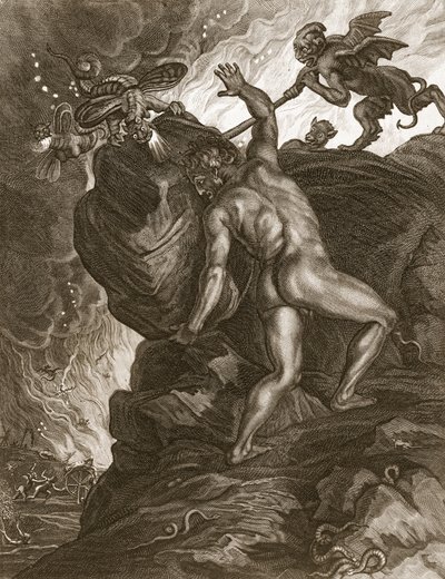 Sisyphus die Zijn Steen een Berg Opduwt, 1731 door Bernard Picart