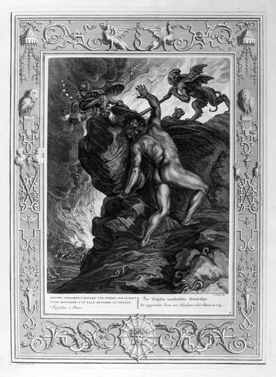 Sisyphus die zijn steen een berg op duwt door Bernard Picart