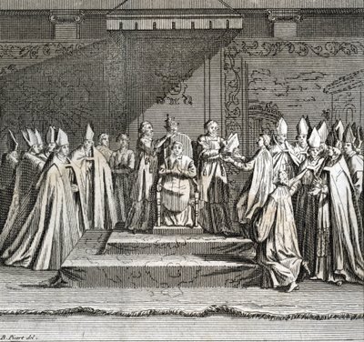 Plechtige inauguratie van het pontificaat “Voorstelling van de kroning van de paus” Gravure uit “Illustratie van ceremonies en religieuze gebruiken van alle volkeren ter wereld” door Bernard Picart (1723-1743) door Bernard Picart