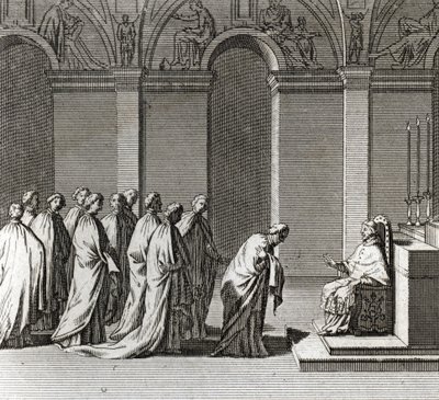 Plechtige Inauguratie van het Pontificaat: De Aanbidding van de Paus in de Sixtijnse Kapel (Pauselijke Inauguratie: Aanbidding van de Paus in de Sixtijnse Kapel) Gravure uit Illustratie van Ceremonies en Religieuze Gebruiken van Alle Volkeren van de Wereld door Bernard Picart