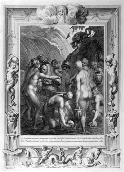 De Danaïden veroordeeld om geperforeerde vaten met water te vullen, 1733 door Bernard Picart