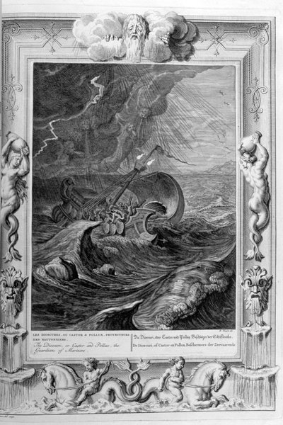 De Dioscuri Castor en Pollux beschermen een schip, 1733 door Bernard Picart