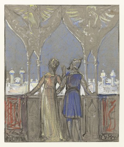 Paar uitkijkend over oosterse stad door Bernard Willem Wierink (signed by artist)