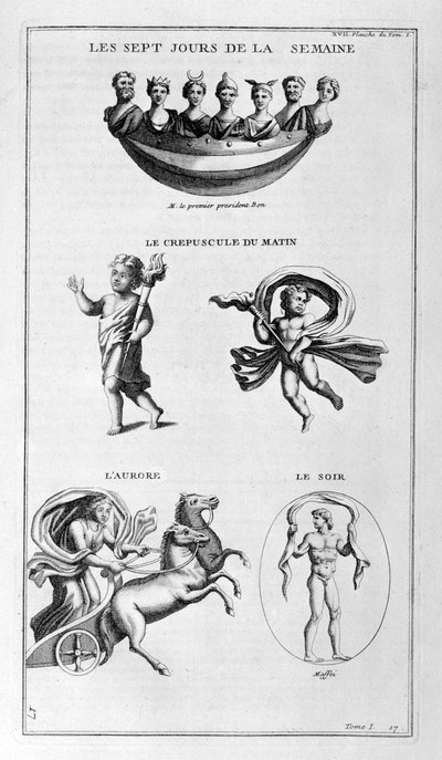 Zeven dagen van de week. Schemering, ochtend, dageraad, de avond, 1757 door Bernard de Montfaucon