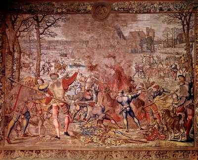 De jachten van Maximiliaan: de maand januari, Waterman, wilde zwijnenjacht, flambée, curee - Wandtapijt gemaakt in de Vlaamse ateliers door Bernard van Orley door Bernard van (after) Orley
