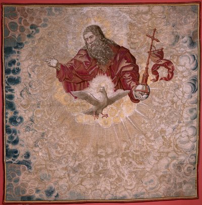 Vlaamse wandtapijt. Serie Dais van Karel V (Baldakijn van Margaretha van Oostenrijk). God de Vader en de Heilige Geest (El Padre Eterno y el Espíritu Santo). Wandtapijt baldakijn van de dais. Model Bernard van Orley (1491-1542). Fabriek Pieter de Pannemake door Bernard van Orley