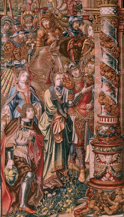 Vlaamse wandtapijt. Serie De Eerbewijzen. Geloof. Eerste wandtapijt in de serie. Model Cartonisten uit de kring van Bernard van Orley en Jan Gossaert (Mabuse). Fabrikant Pieter van Aelst, Brussel. Ca 1550. door Bernard van Orley