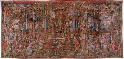 Vlaamse wandtapijt. Serie De Eerbewijzen. Roem (La Fama). Derde wandtapijt in de serie. Model Cartonisten uit de kring van Bernard van Orley en Jan Gossaert (Mabuse). Fabriek Pieter van Aelst, Brussel. Ca 1550. Stof Goud, zilver, zijde en wol. door Bernard van Orley